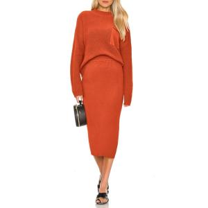imagePRETTYGARDEN Womens 2024 Fall Two Piece Outfits Ribbed Knit Long Sleeve Pullover Sweater and Bodycon Midi Skirt SetsOrange