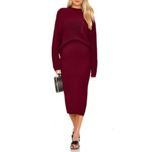 imagePRETTYGARDEN Womens 2024 Fall Two Piece Outfits Ribbed Knit Long Sleeve Pullover Sweater and Bodycon Midi Skirt SetsWine Red