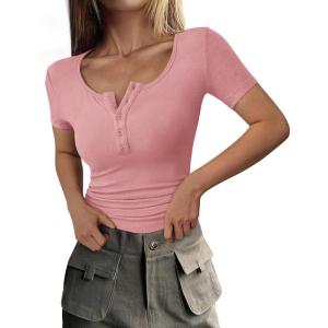 imagePRETTYGARDEN Womens 2025 Summer Short Sleeve Tops Ribbed Knit Henley Button Up Slim Fit Basic Casual T Shirts BlousePink