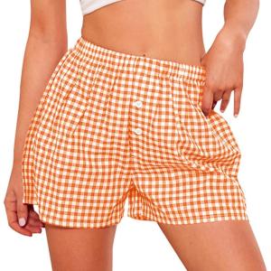 imagePRETTYGARDEN Womens Boxer Shorts 2025 Summer Casual Lounge Sleep Gingham Pajama Y2K Plaid Short Pants with PocketsOrange