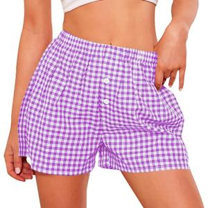 imagePRETTYGARDEN Womens Boxer Shorts 2025 Summer Casual Lounge Sleep Gingham Pajama Y2K Plaid Short Pants with PocketsPurple