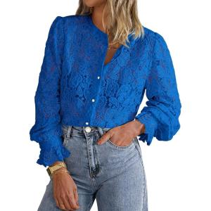 imagePRETTYGARDEN Womens Dressy Casual Lace Blouse Long Sleeve Button Up Shirts Tops Fall Fashion ClothesBlue