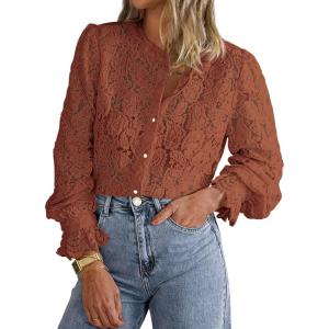 imagePRETTYGARDEN Womens Dressy Casual Lace Blouse Long Sleeve Button Up Shirts Tops Fall Fashion ClothesBrick Red
