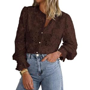 imagePRETTYGARDEN Womens Dressy Casual Lace Blouse Long Sleeve Button Up Shirts Tops Fall Fashion ClothesCoffee