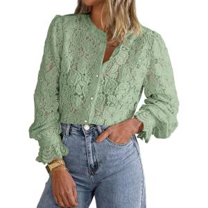 imagePRETTYGARDEN Womens Dressy Casual Lace Blouse Long Sleeve Button Up Shirts Tops Fall Fashion ClothesDusty Green