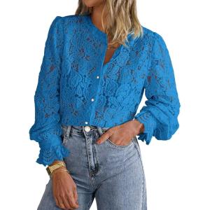 imagePRETTYGARDEN Womens Dressy Casual Lace Blouse Long Sleeve Button Up Shirts Tops Fall Fashion ClothesGrey Blue