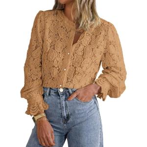 imagePRETTYGARDEN Womens Dressy Casual Lace Blouse Long Sleeve Button Up Shirts Tops Fall Fashion ClothesKhaki
