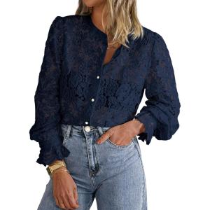 imagePRETTYGARDEN Womens Dressy Casual Lace Blouse Long Sleeve Button Up Shirts Tops Fall Fashion ClothesNavy