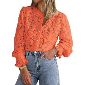 imagePRETTYGARDEN Womens Dressy Casual Lace Blouse Long Sleeve Button Up Shirts Tops Fall Fashion ClothesOrange
