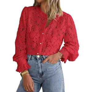 imagePRETTYGARDEN Womens Dressy Casual Lace Blouse Long Sleeve Button Up Shirts Tops Fall Fashion ClothesRed