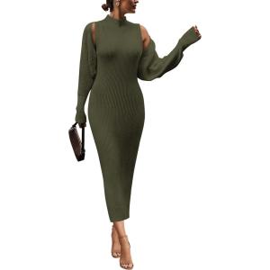 imagePRETTYGARDEN Womens Fall 2 Piece Outfits Bodycon Maxi Tank Pullover Sweater Dress And Long Sleeve Cropped Cardigan Knit SetsArmy Green