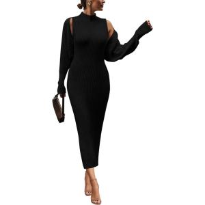 imagePRETTYGARDEN Womens Fall 2 Piece Outfits Bodycon Maxi Tank Pullover Sweater Dress And Long Sleeve Cropped Cardigan Knit SetsBlack