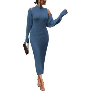 imagePRETTYGARDEN Womens Fall 2 Piece Outfits Bodycon Maxi Tank Pullover Sweater Dress And Long Sleeve Cropped Cardigan Knit SetsBlue
