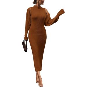 imagePRETTYGARDEN Womens Fall 2 Piece Outfits Bodycon Maxi Tank Pullover Sweater Dress And Long Sleeve Cropped Cardigan Knit SetsCaramel