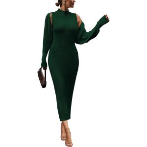 imagePRETTYGARDEN Womens Fall 2 Piece Outfits Bodycon Maxi Tank Pullover Sweater Dress And Long Sleeve Cropped Cardigan Knit SetsDark Green