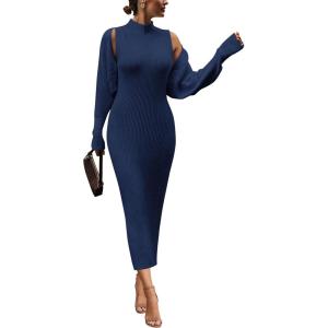imagePRETTYGARDEN Womens Fall 2 Piece Outfits Bodycon Maxi Tank Pullover Sweater Dress And Long Sleeve Cropped Cardigan Knit SetsNavy