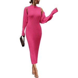 imagePRETTYGARDEN Womens Fall 2 Piece Outfits Bodycon Maxi Tank Pullover Sweater Dress And Long Sleeve Cropped Cardigan Knit SetsRose Red