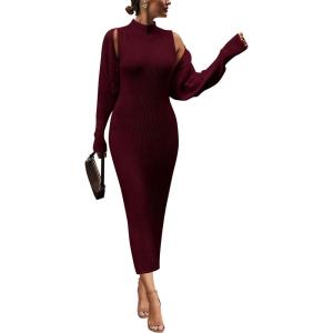 imagePRETTYGARDEN Womens Fall 2 Piece Outfits Bodycon Maxi Tank Pullover Sweater Dress And Long Sleeve Cropped Cardigan Knit SetsWine Red