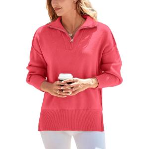 imagePRETTYGARDEN Womens Fall Pullover Oversized Sweaters Casual Long Sleeve Zip Up Lapel V Neck Knitted Winter TopsWatermelon Red