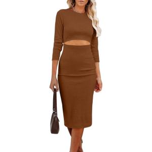 imagePRETTYGARDEN Womens Long Sleeve Midi Bodycon Dresses Casual Crewneck Cut Out Ribbed Knit Fitted Pencil DressBrown