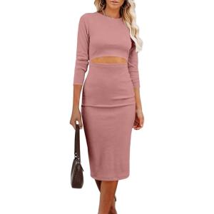 imagePRETTYGARDEN Womens Long Sleeve Midi Bodycon Dresses Casual Crewneck Cut Out Ribbed Knit Fitted Pencil DressDusty Pink
