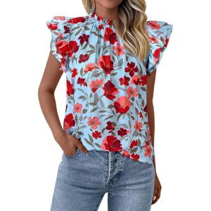 imagePRETTYGARDEN Womens Ruffle Short Sleeve Summer Tops 2025 Trendy Floral Trim Neck Casual Dressy Chiffon Boho Blouses ShirtsLight Blue Flower
