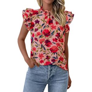 imagePRETTYGARDEN Womens Ruffle Short Sleeve Summer Tops 2025 Trendy Floral Trim Neck Casual Dressy Chiffon Boho Blouses ShirtsRed Flower