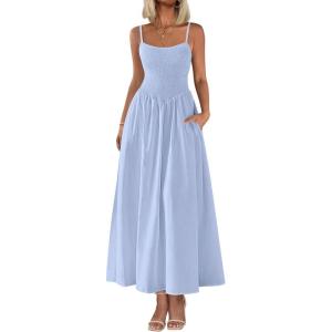 imagePRETTYGARDEN Womens Smocked Maxi Dresses 2025 Summer Beach Sundress Casual Spaghetti Strap Swing A Line Long Flowy DressLight Blue