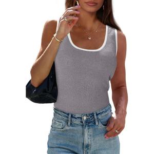 imagePRETTYGARDEN Womens Summer Tank Top Ribbed Knit Scoop Neck Sleeveless Color Block Slim Fitted Tops Basic Casual Tee ShirtsMid Grey