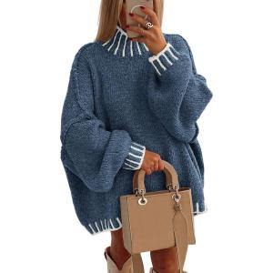 imagePRETTYGARDEN Womens Winter Oversized Pullover Sweaters Long Sleeve Mock Neck Chunky Knit Slouchy Jumper TopsGrey Blue