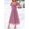 imagePRETTYGARDEN Womens Smocked Midi Tulle Dress 2025 Summer Puffy Short Sleeve Square Neck Ruffle Wedding Guest Party DressesGrey Purple