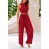 imagePRETTYGARDEN Womens Summer 2 Piece Outfits Ribbed Knit Lounge Sets Tracksuit Sleeveless Crop Tank Tops Wide Leg Casual PantsRed