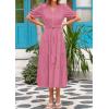 imagePRETTYGARDEN Womens Summer Midi Dress 2025 Casual Short Sleeve V Neck Buttons Belted Ruffle A Line Flowy Dress with PocketsDark Pink