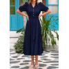 imagePRETTYGARDEN Womens Summer Midi Dress 2025 Casual Short Sleeve V Neck Buttons Belted Ruffle A Line Flowy Dress with PocketsNavy