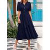 imagePRETTYGARDEN Womens Summer Midi Dress 2025 Casual Short Sleeve V Neck Buttons Belted Ruffle A Line Flowy Dress with PocketsNavy