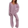 imagePRETTYGARDEN Womens 2 Piece Pullover Sweater Set Oversized V Neck Top Wide Leg Pants Fall Winter Fuzzy Lounge OutfitBean Paste Purple