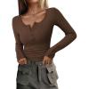 imagePRETTYGARDEN Womens 2025 Spring Long Sleeve Henley T Shirts Ribbed Knit Button Up Slim Fitted Basic Casual Going Out TopsCoffee