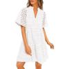 imagePRETTYGARDEN Womens Short Sleeve Mini Dress 2025 Summer V Neck Hollow Out Eyelet Ruffle A Line Swing Short DressesWhite