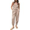 imagePRETTYGARDEN Womens Summer Two Piece Outfits V Neck Button Front Cropped Tank Tops Vest Pockets Pants Cotton Matching SetsLight Khaki