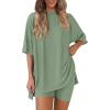 imagePRETTYGARDEN Womens Two Piece Lounge Set 2025 Summer Casual Oversized Shirts Biker Shorts Matching Airport Travel OutfitBean Green