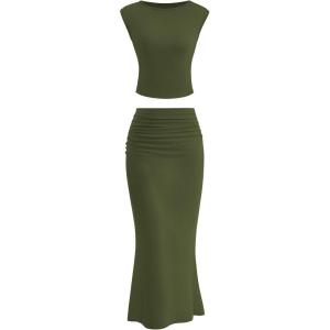 imagePRETTYGARDEN 2 Piece Sets for Women Summer 2025 Cap Sleeve Crop Tops Ruched Maxi Skirt Sets Spring Matching Vacation OutfitsArmy Green