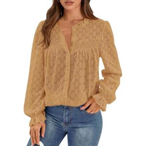imagePRETTYGARDEN Lace Long Sleeve Tops for Women Eyelet Blouses Dressy Casual Hollow Out Button Down Shirts Spring Fashion 2025Khaki