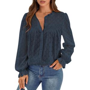 imagePRETTYGARDEN Lace Long Sleeve Tops for Women Eyelet Blouses Dressy Casual Hollow Out Button Down Shirts Spring Fashion 2025Navy