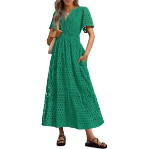 imagePRETTYGARDEN Womens 2025 Summer Maxi Dress Short Sleeve V Neck Hollow Out Eyelet A Line Long Flowy Beach Vacation DressesDark Green