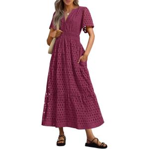 imagePRETTYGARDEN Womens 2025 Summer Maxi Dress Short Sleeve V Neck Hollow Out Eyelet A Line Long Flowy Beach Vacation DressesWine Red