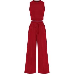 imagePRETTYGARDEN Womens Summer 2 Piece Outfits Ribbed Knit Lounge Sets Tracksuit Sleeveless Crop Tank Tops Wide Leg Casual PantsRed