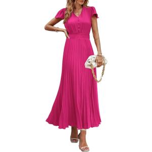 imagePRETTYGARDEN Womens Summer Maxi Dresses 2025 Trendy Casual Button V Neck Ruffle Cap Sleeve Long Flowy Pleated DressRose Red