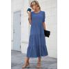imagePRETTYGARDEN Summer Dresses for Women 2025 Casual Floral Boho Midi Sun Dress Puff Short Sleeve Flowy Beach Vacation SundressSolid Blue