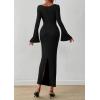 imagePRETTYGARDEN Womens Bodycon Maxi Dress Fall Fashion 2025 Long Bell Sleeve Ruched Fitted Elegant Cocktail Party Slit DressesBlack