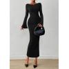 imagePRETTYGARDEN Womens Bodycon Maxi Dress Fall Fashion 2025 Long Bell Sleeve Ruched Fitted Elegant Cocktail Party Slit DressesBlack